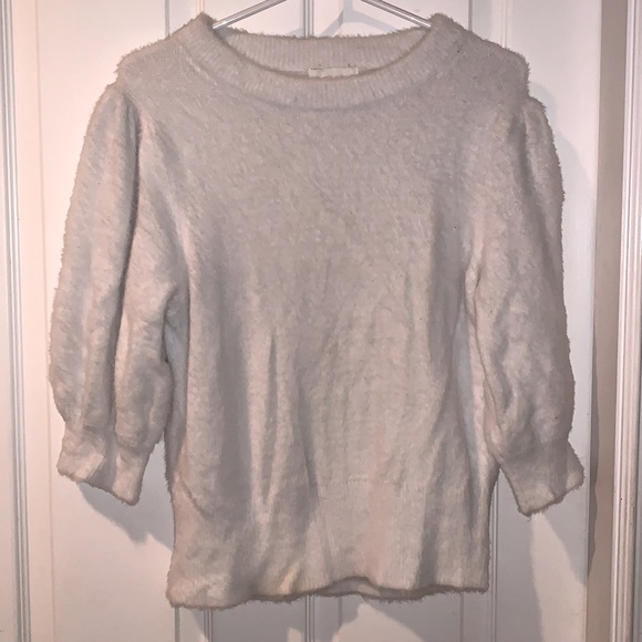 White fluffy faux fur soft angora sweater puff sleeves bell sleeves ribbed waist - Picture 2 of 3